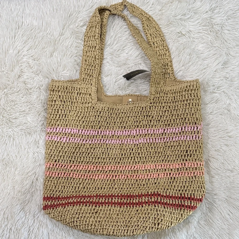 Woven Straw Tote Bag - Tan, Pink, and Red